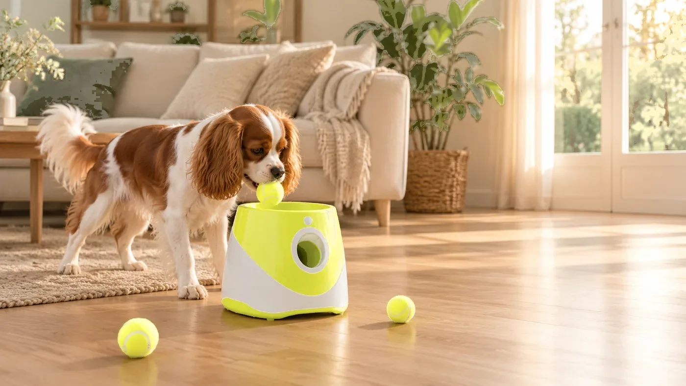 A cavalier king charles plays alone with the launcher on a living-room floor, with nobody throwing for him
