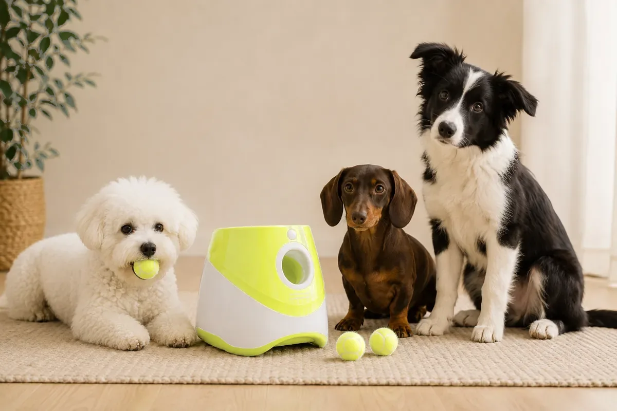 The launcher surrounded by a bichon, a dachshund and a young border collie, showing its scale