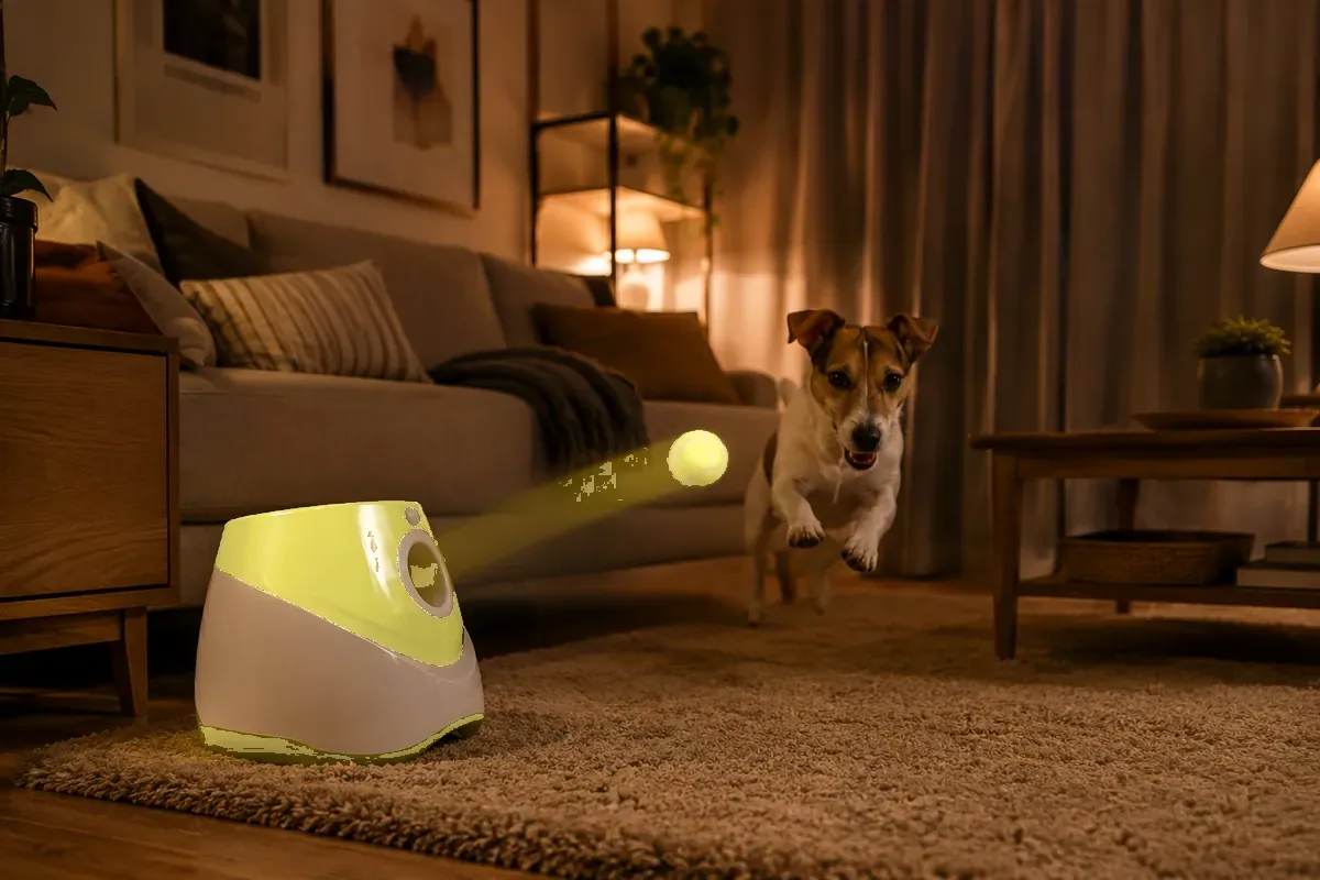 An evening session in a lamp-lit living room, the launcher sending a ball across the rug as a jack russell leaps after it