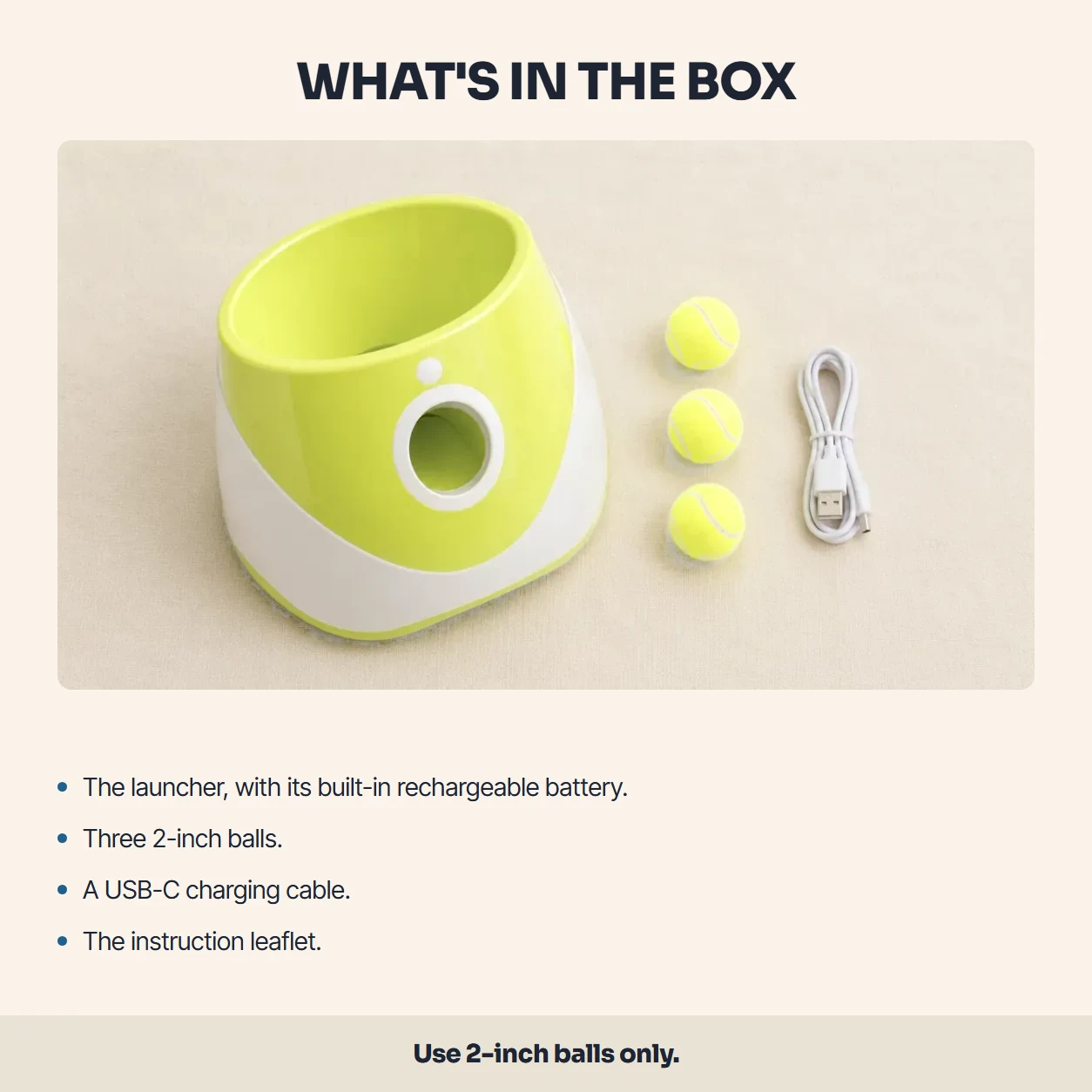 What is in the box: the launcher, the USB-C charging cable, the three 2-inch balls and the manual